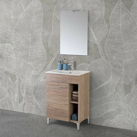 Mobile Bagno da terra 85 cm rovere grigio completo di specchio con pensile  e LED