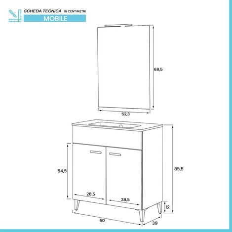 Mobile bagno a terra 60 cm bianco lucido con 2 ante lavabo e specchio  Martha
