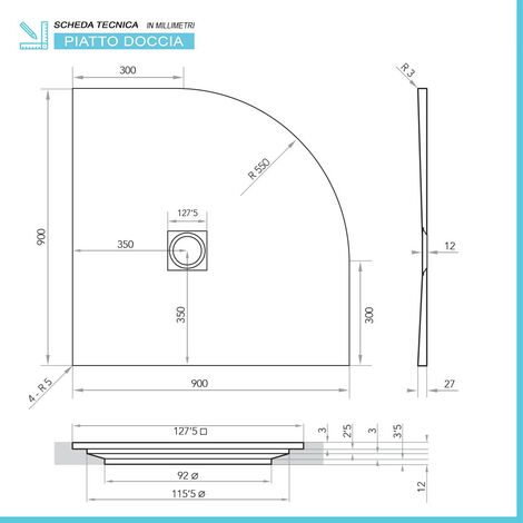 Piatto doccia semicircolare 90x90 bianco riducibile su misura Ten