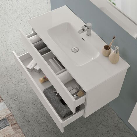 Mobile bagno sospeso 70 rovere bianco completo con 2 cassetti Nadia