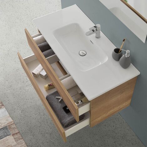 Mobile bagno sospeso 70 rovere naturale completo con 2 cassetti Nadia