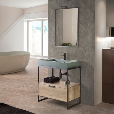 Mobile bagno a terra 75 cm nero con lavabo verde e specchio Kubic (1/5)