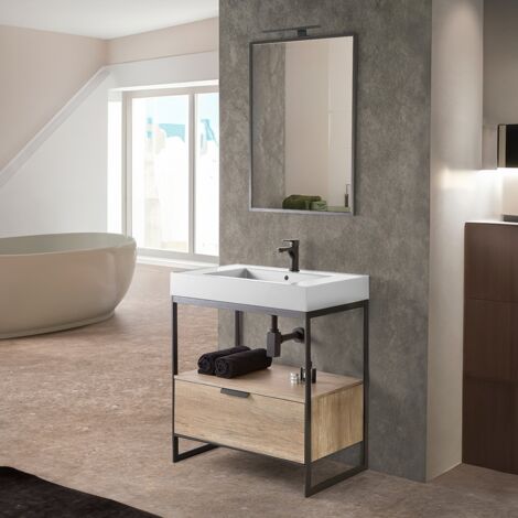 Mobile bagno a terra 75 cm nero con lavabo bianco e specchio Kubic (1/5)