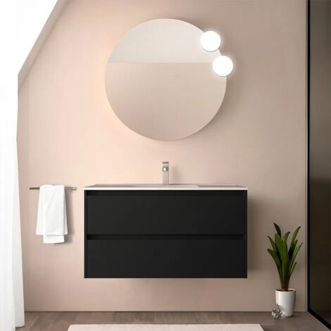 Mobile bagno sospeso 90 cm nero satinato con specchio e lavabo Gaya (1/5)
