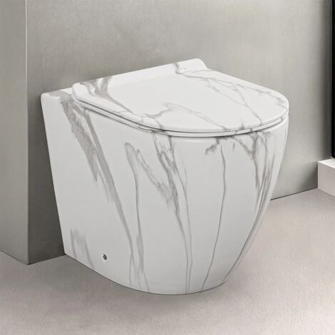 WC filomuro Rimless in ceramica marmorizzata bianca con sedile Tokyo