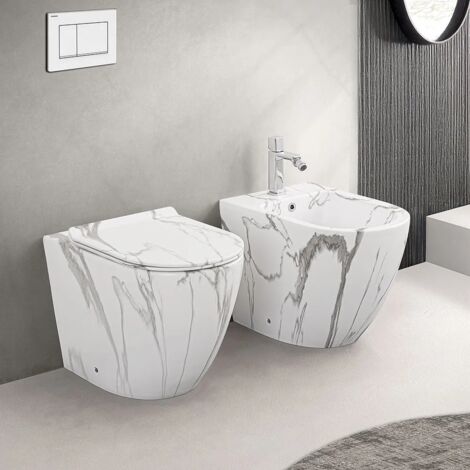 Sanitari filomuro Rimless effetto marmo bianco con sedile Tokyo