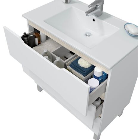 Mobile bagno da terra 80 cm bianco e rovere con top e specchio Brillo