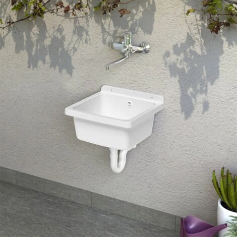 Lavatoio Da Parete Inbagno Maxi 55,6x37,3 Cm – In Resina Bianco Con Alzatina, Kit Sifone E Piletta Inclusi, Ideale Per Esterno E Interno