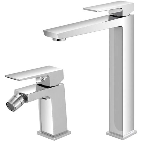 Set di rubinetti lavabo alto e bidet finitura cromo con piletta Kubo