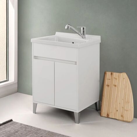 Mobile Lavatoio Con Vasca In Ceramica - 60x50cm, Bianco Lucido, Legno Nobilitato, Con Ante A Gola