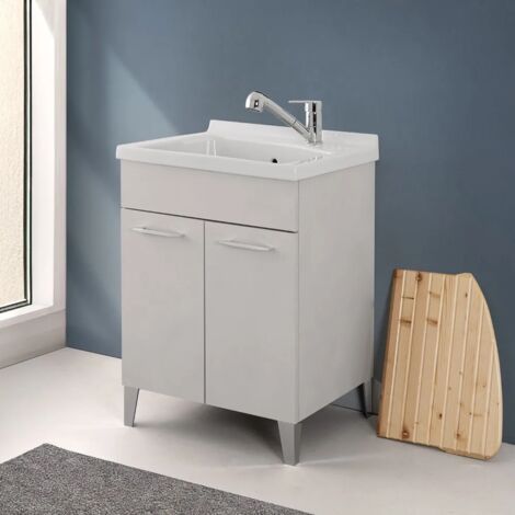 Mobile lavatoio 60x50 grigio calce Moon con vasca in ceramica Dolomite (1/5)