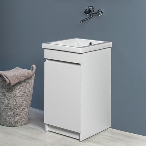 Mobile lavatoio 45x51 cm bianco opaco con vasca in ceramica e strofinatoio (1/5)