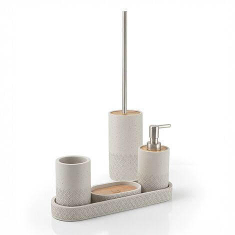 Set 4 Pezzi Accessori Bagno In Resina Grigio E Bambù TFT | Portasapone, Dispenser, Bicchiere E Porta Scopino