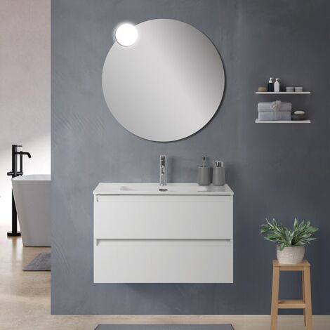 Mobile bagno sospeso 100 cm in legno bianco lucido 2 cassettoni con lavabo e specchio Leda