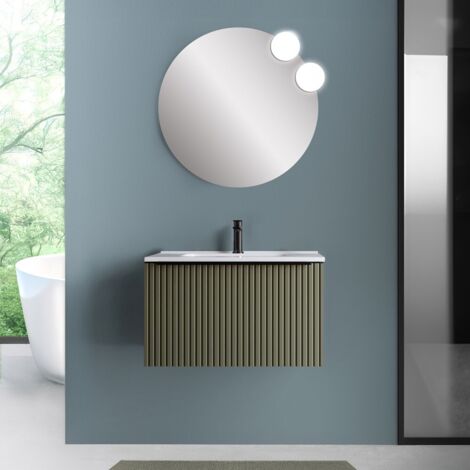 Mobile bagno sospeso 80 cm verde opaco cannettato con cassetto, specchio e lavabo Nara
