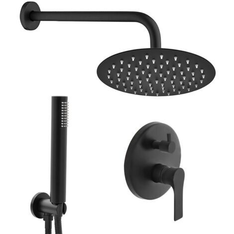 Set doccia a incasso completo nero opaco con braccio 35cm, soffione 25cm, miscelatore e kit doccino Flat