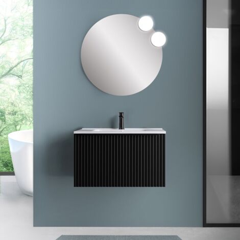 Mobile bagno sospeso 80 cm nero opaco cannettato con cassetto, specchio e lavabo Nara