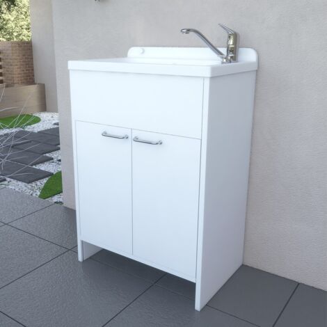Mobile lavatoio salvaspazio in PVC bianco 58cm con vasca e piletta in acciaio inox
