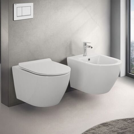 Coppia Sanitari Sospesi Rimless Serie Flipper: Vaso WC E Bidet Senza Brida, Copriwater Soft-Close Con Cerniere In Ottone, Ceramica Bianca, Scarico A Parete H.23cm