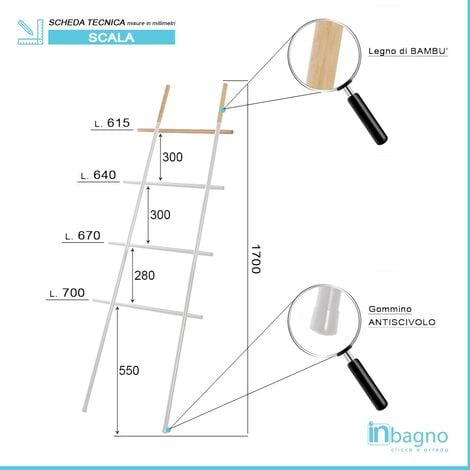 Scala Porta Asciugamani Moderna in Acciaio Bianco con Inserti in Legno H  170 cm