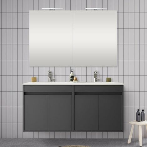 Doppio mobile da 120 cm con 4 ante, doppio lavabo e specchio Mavi grigio  grafite