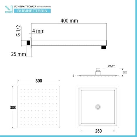 Set doccia quadrato cromo braccio 40 cm + soffione acciaio 30x30 cm