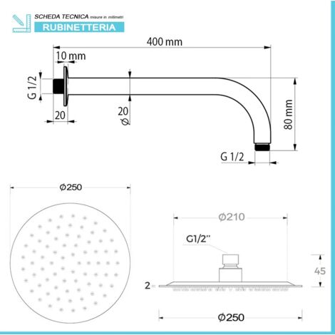 Kit doccia tondo cromo con set doccia + soffione acciaio 25 cm e braccio 40 cm