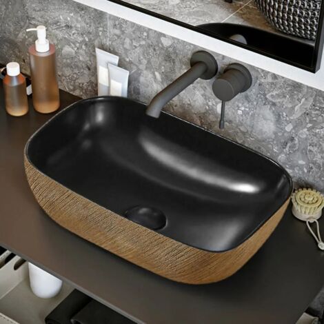 Lavabo da appoggio 45x32 cm in ceramica nero opaco con dettagli oro