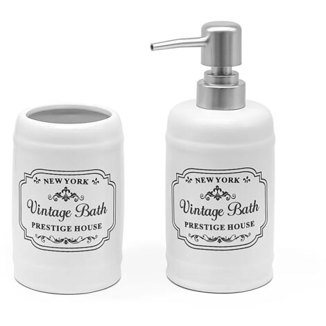 Set accessori bagno dispenser sapone e portaspazzolini in ceramica bianca vintage