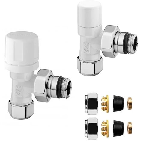 Coppia valvola termostatica e detentore bianco con raccordo rame 14 mm