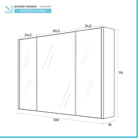 Specchio bagno contenitore 100x70 cm rovere chiaro 3 ante e ripiani Way