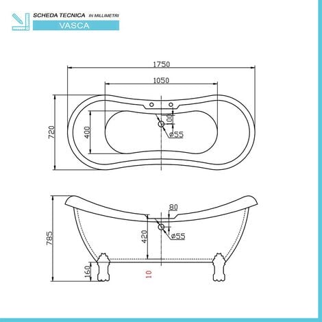 Vasca da bagno freestanding classica 170x72 Piedini cromo a zampa di leone  regolabili Samantha