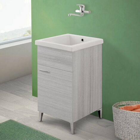 Mobile lavatoio grigio in ceramica 45x50 cm con strofinatoio integrato e kit scarico (1/5)