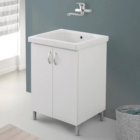 Mobile lavatoio 60x50 cm bianco in ceramica con strofinatoio integrato