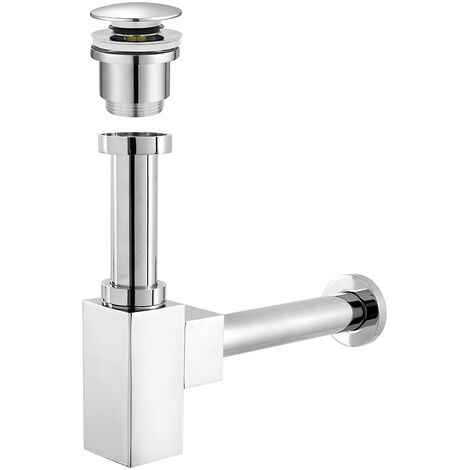 Sifone lavabo a canna quadrata cromato completo di piletta click clack universale (1/5)