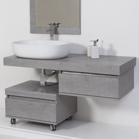 Mensolone Bagno Sospeso 120 cm Cemento completo di lavabo e specchio