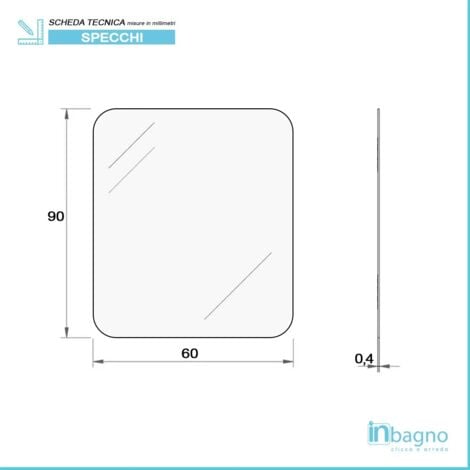Specchio bagno 60x90 cm con angoli stondati e installazione reversibile