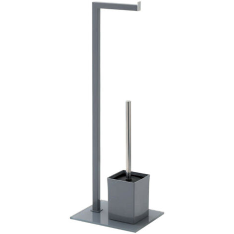Piantana porta rotolo e scopino bagno in acciaio grigio – Base in vetro temperato – Scopino igienico incluso – Dimensioni 18x70,5x22 cm – Feridras (1/5)