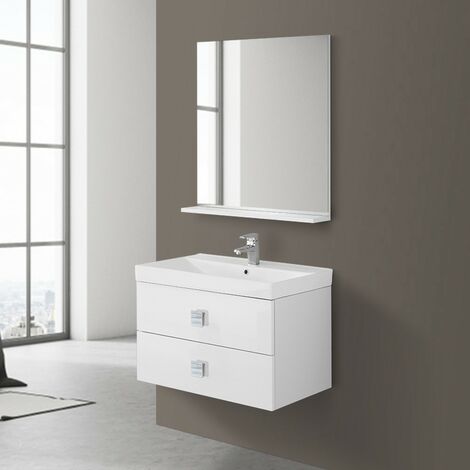 Mobile bagno sospeso Claros100 bianco laccato lucido con lavabo 2 cassetti  100x45x56h