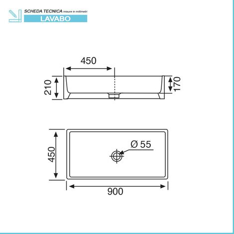 Lavabo a canale 90x45 cm dappoggio o sospeso in ceramica lucida