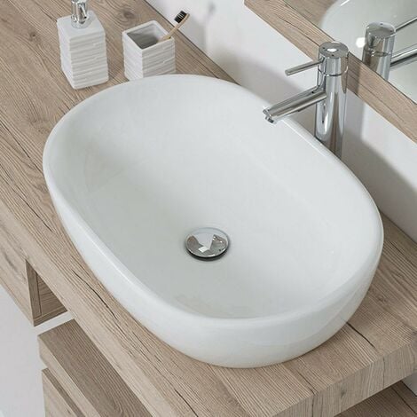 Lavabo da appoggio ovale 61x50 in ceramica bianco con foro rubinetto