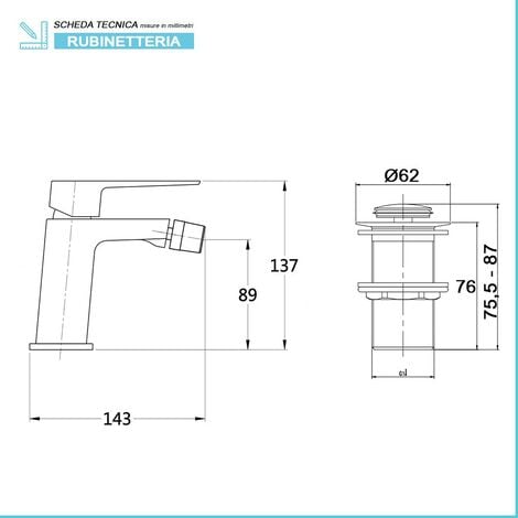 Rubinetto bidet cromato serie Kubo con scarico click clack incluso