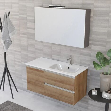 Lomadox Set Bagno Completo 80 Cm Con Lavabo, Armadio A Specchio LED E 3 Pensili, Rovere Wotan