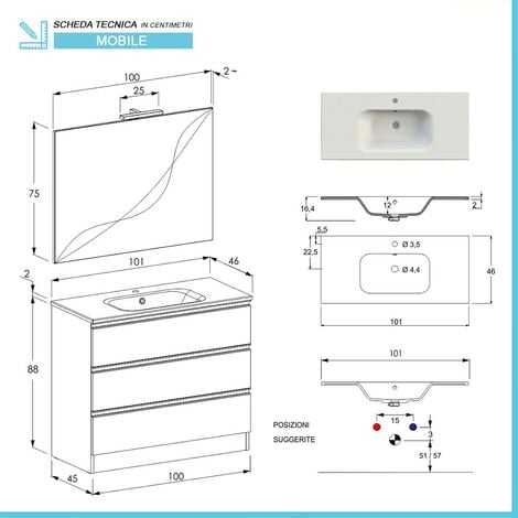 Mobile bagno a terra 100 cm Master bianco con lavabo e specchio