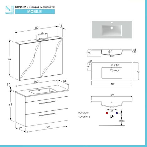 Mobile bagno sospeso 100 cm Smart bianco legno con specchio contenitore