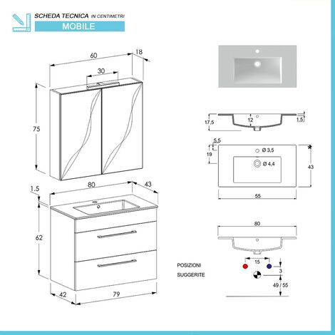 Mobile bagno sospeso 55cm con specchio olmo e lava FACILE