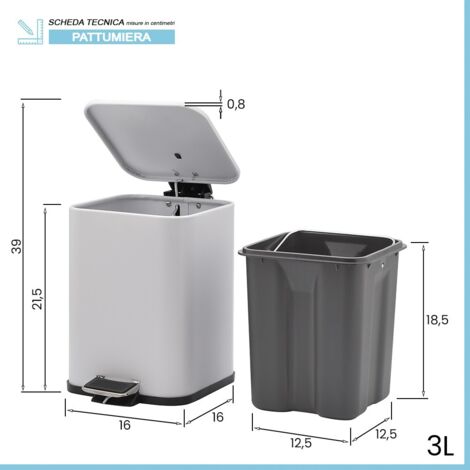 Pattumiera a pedale in acciaio inox, colore argento, rotonda, 3 litri, in metallo, design senza tempo, con secchio interno rimovibile per bagno e cucina
