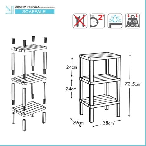 Scaffale bagno 3 ripiani bianco effetto legno in kit montaggio Buzz