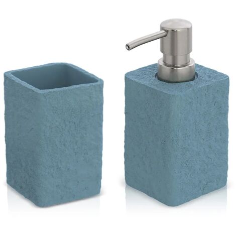 Set accessori bagno dispenser e portaspazzolini in resina turchese cobalto effetto pietra (1/5)