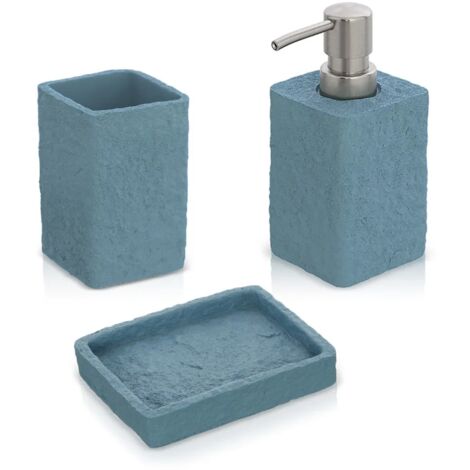 Accessori bagno in set da 3 pezzi in resina turchese cobalto effetto pietra (1/5)